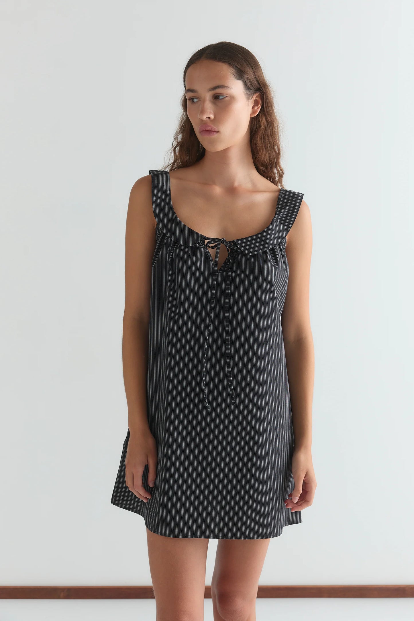 Rounded Neck Dress, Mono Stripe - Deiji Studios