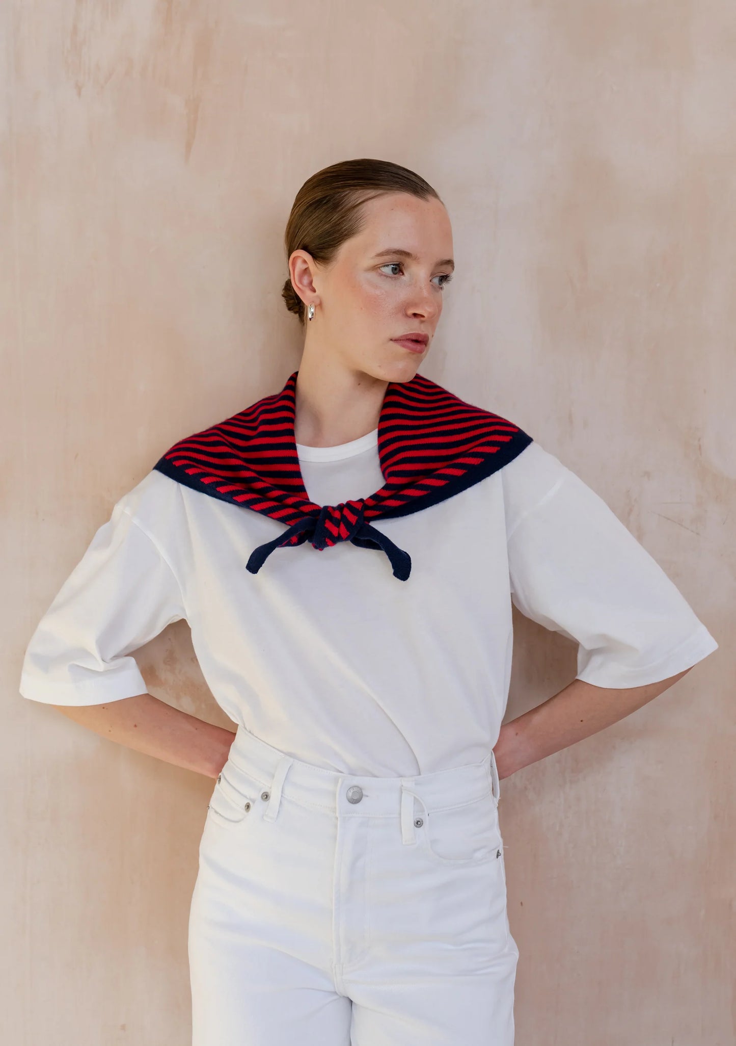 Merino wool triangle scarf - Navy & Red Stripe - tbco.