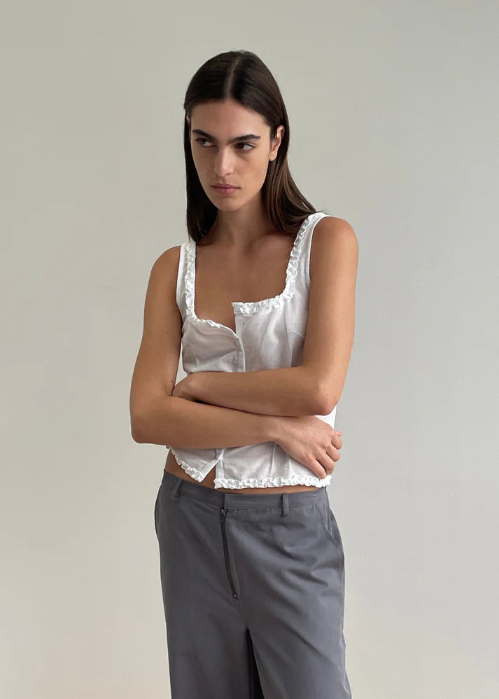 Button Frill Top, White - Deiji Studios