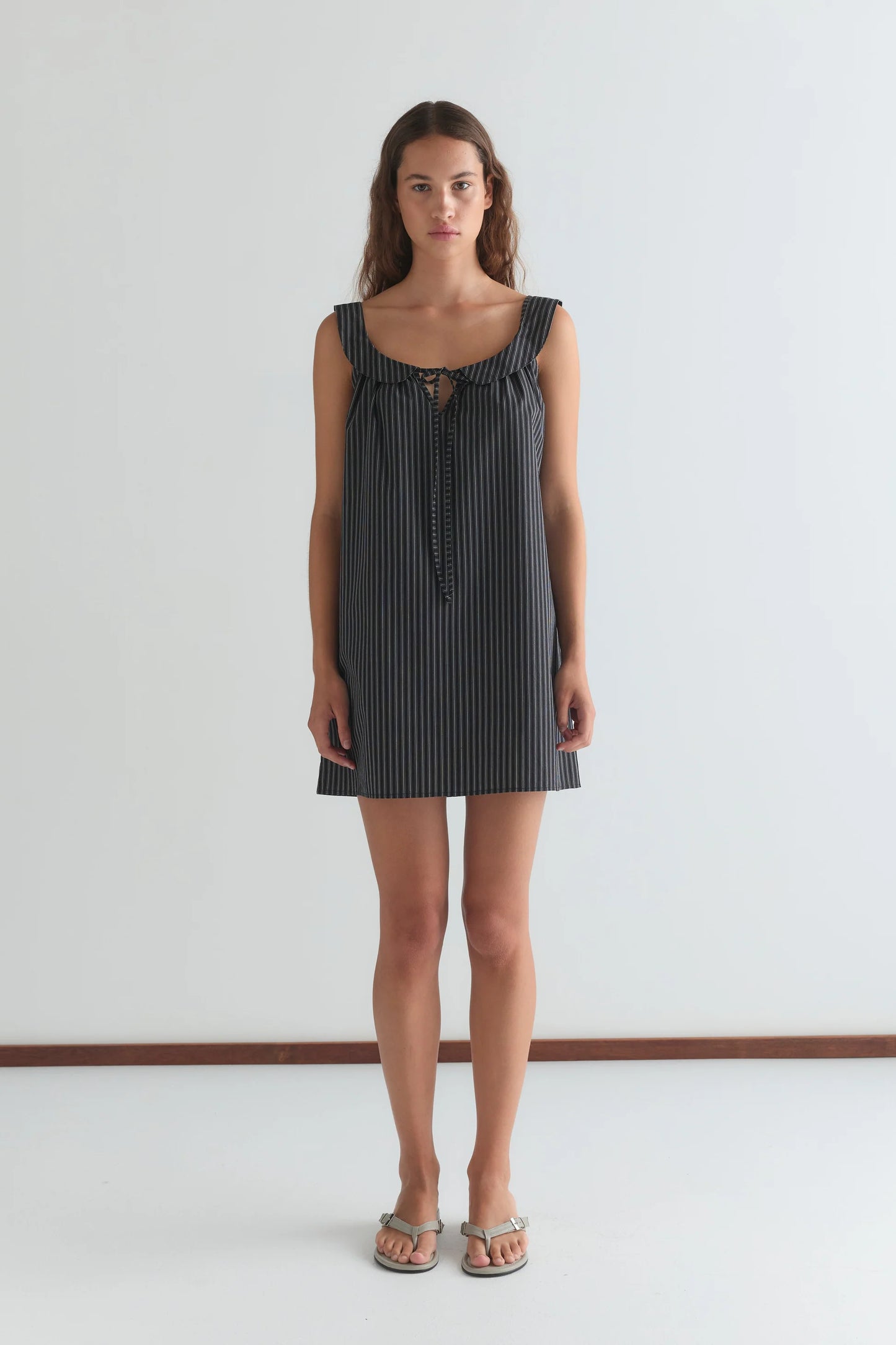 Rounded Neck Dress, Mono Stripe - Deiji Studios
