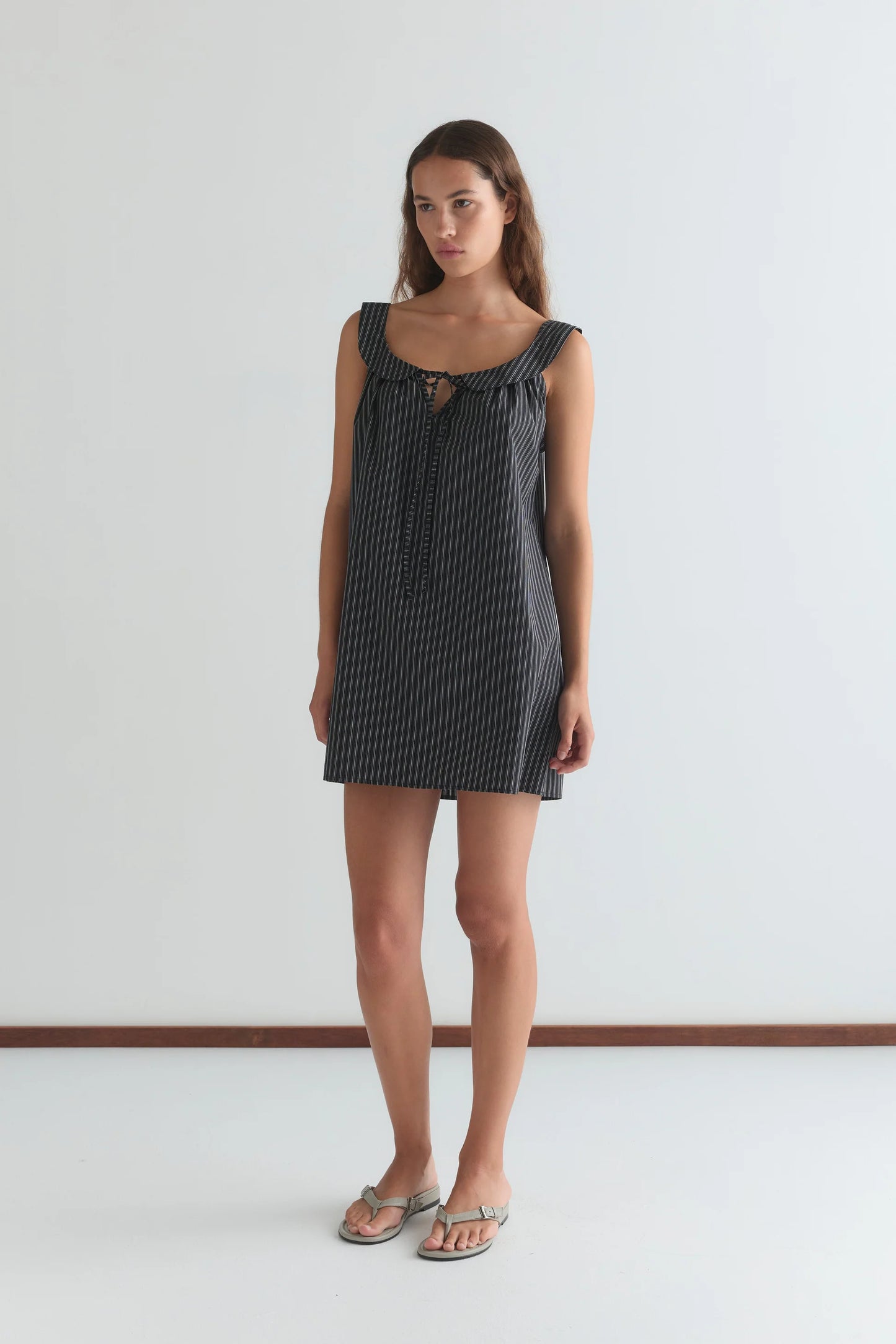 Rounded Neck Dress, Mono Stripe - Deiji Studios