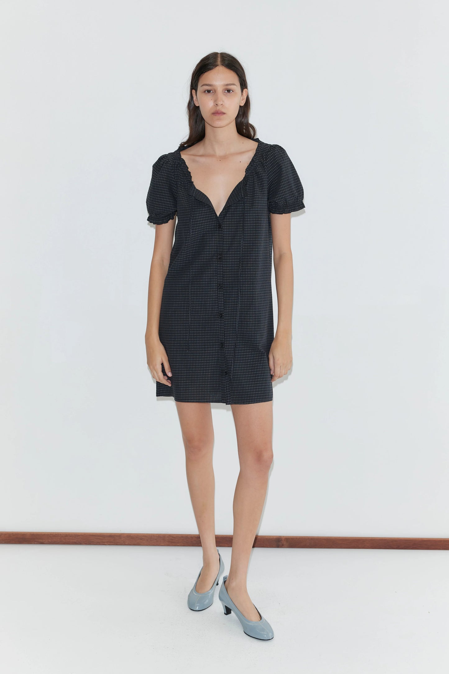 Buttoned Mini Dress, Mono Grid - Deiji Studios