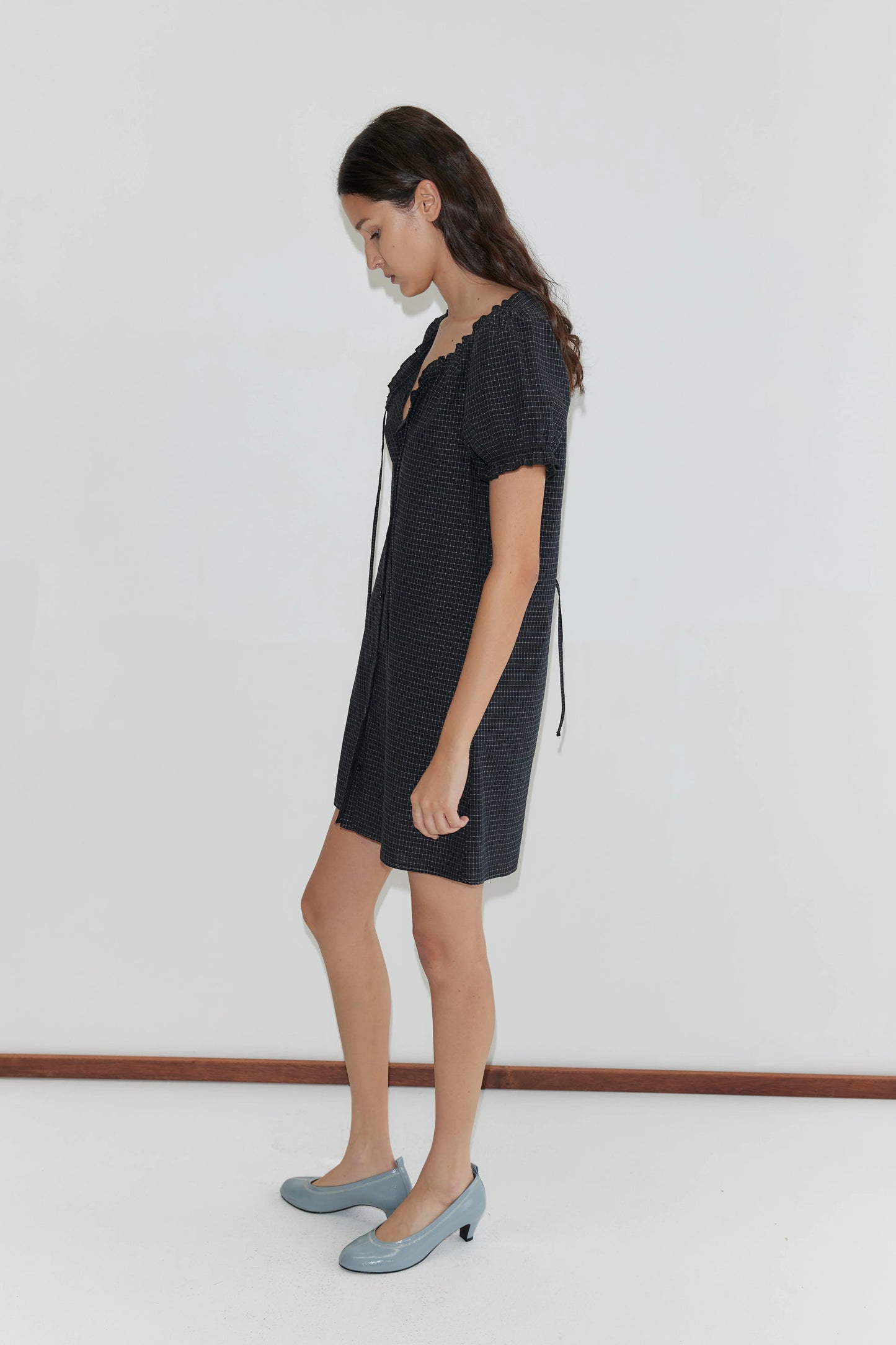 Buttoned Mini Dress, Mono Grid - Deiji Studios