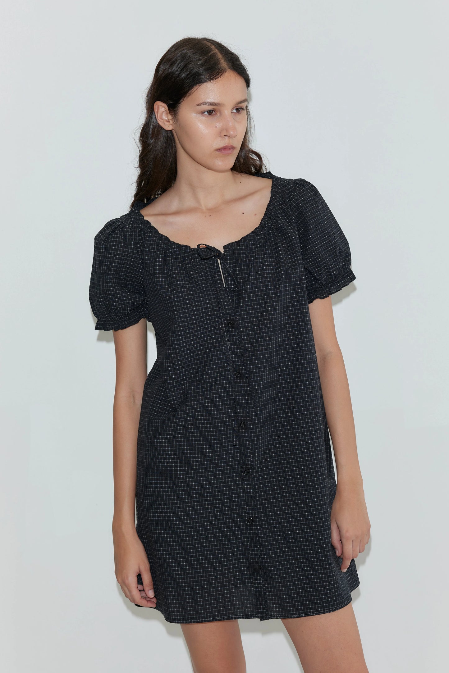 Buttoned Mini Dress, Mono Grid - Deiji Studios