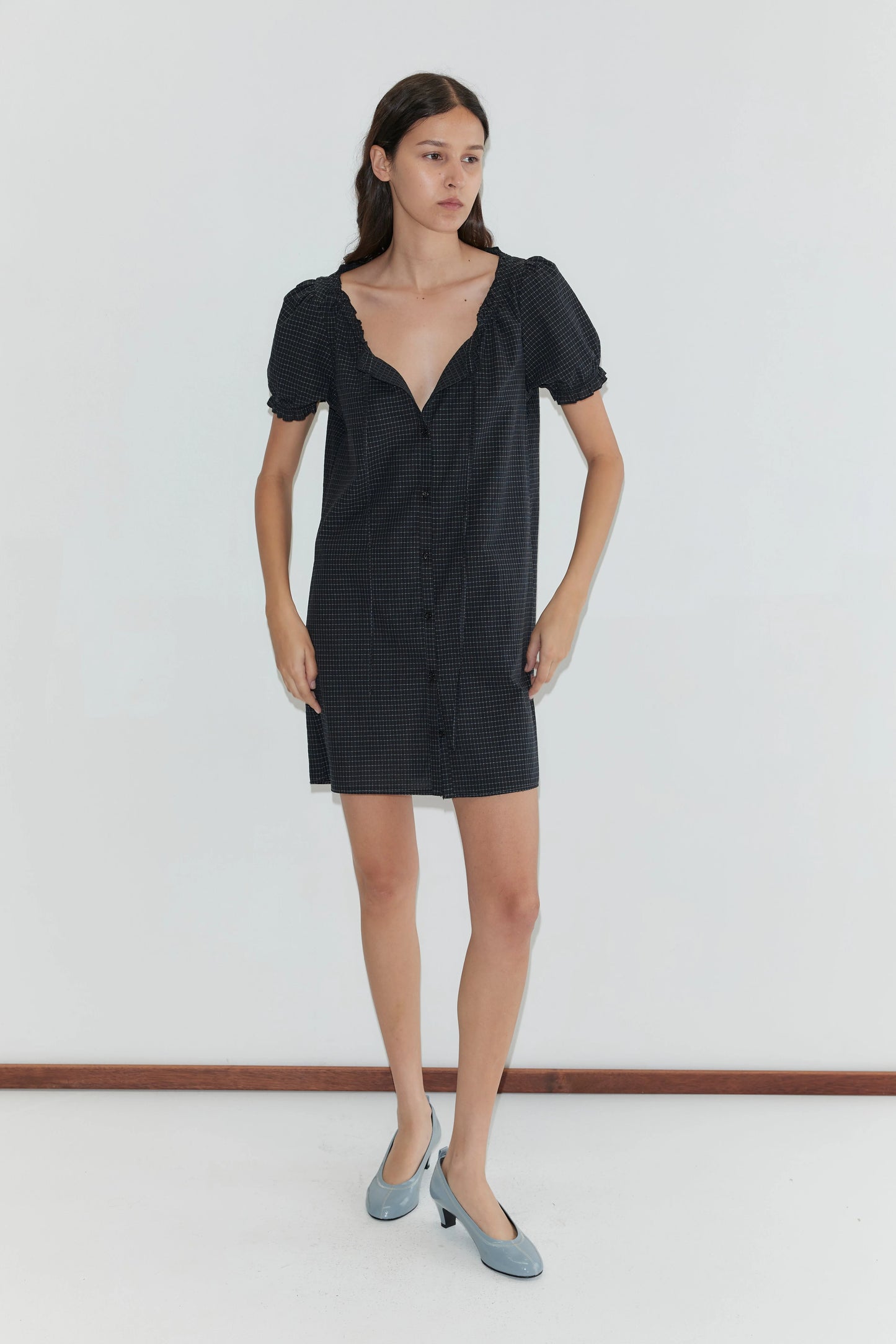 Buttoned Mini Dress, Mono Grid - Deiji Studios