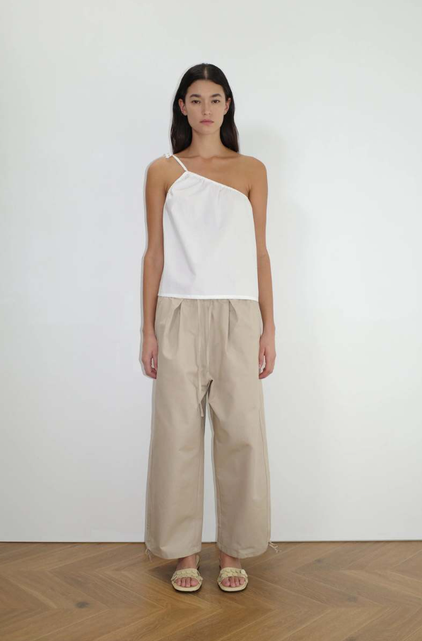 Drawcord Wide Leg Pant, Cream - Deiji Studios